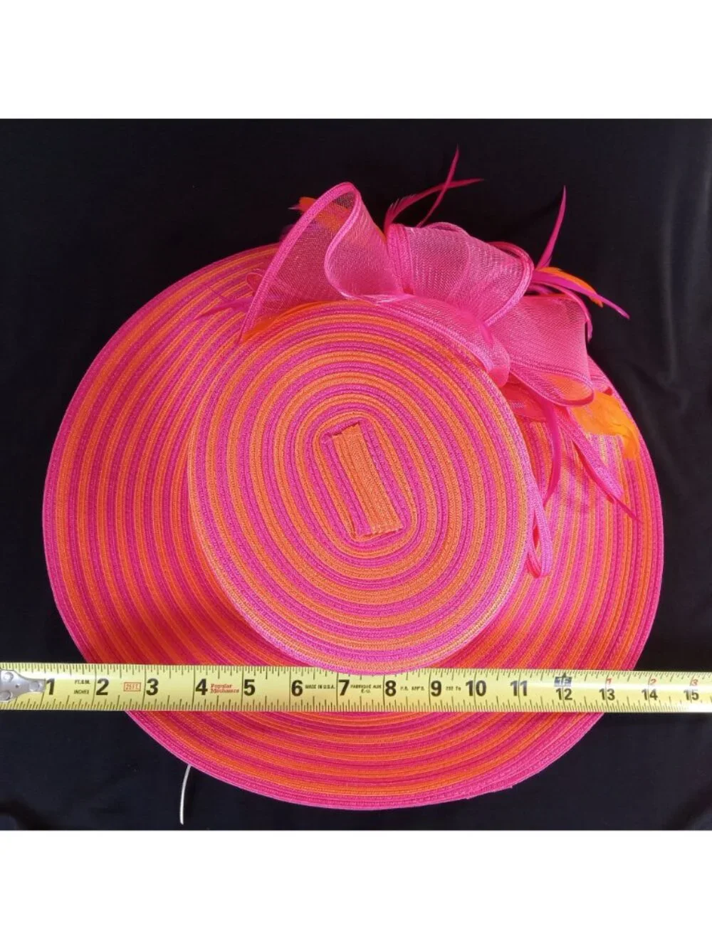 August Hat Company Women's Pink Orange Striped Wide Brim Hat Fascinator Feathers